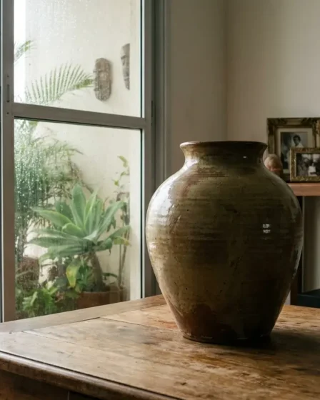 capa peca destaque apartamento Sala com vaso artesanal em destaque e varanda úmida ao fundo