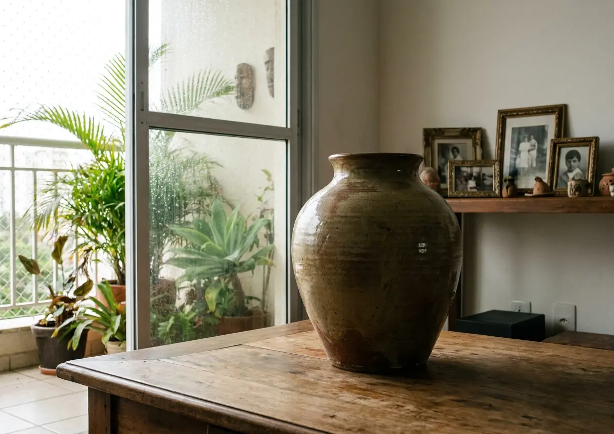 capa peca destaque apartamento Sala com vaso artesanal em destaque e varanda úmida ao fundo