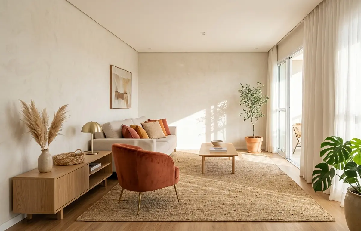 capa sala outono adaptada 2 Sala com base clara e acentos terrosos e muita ventilação