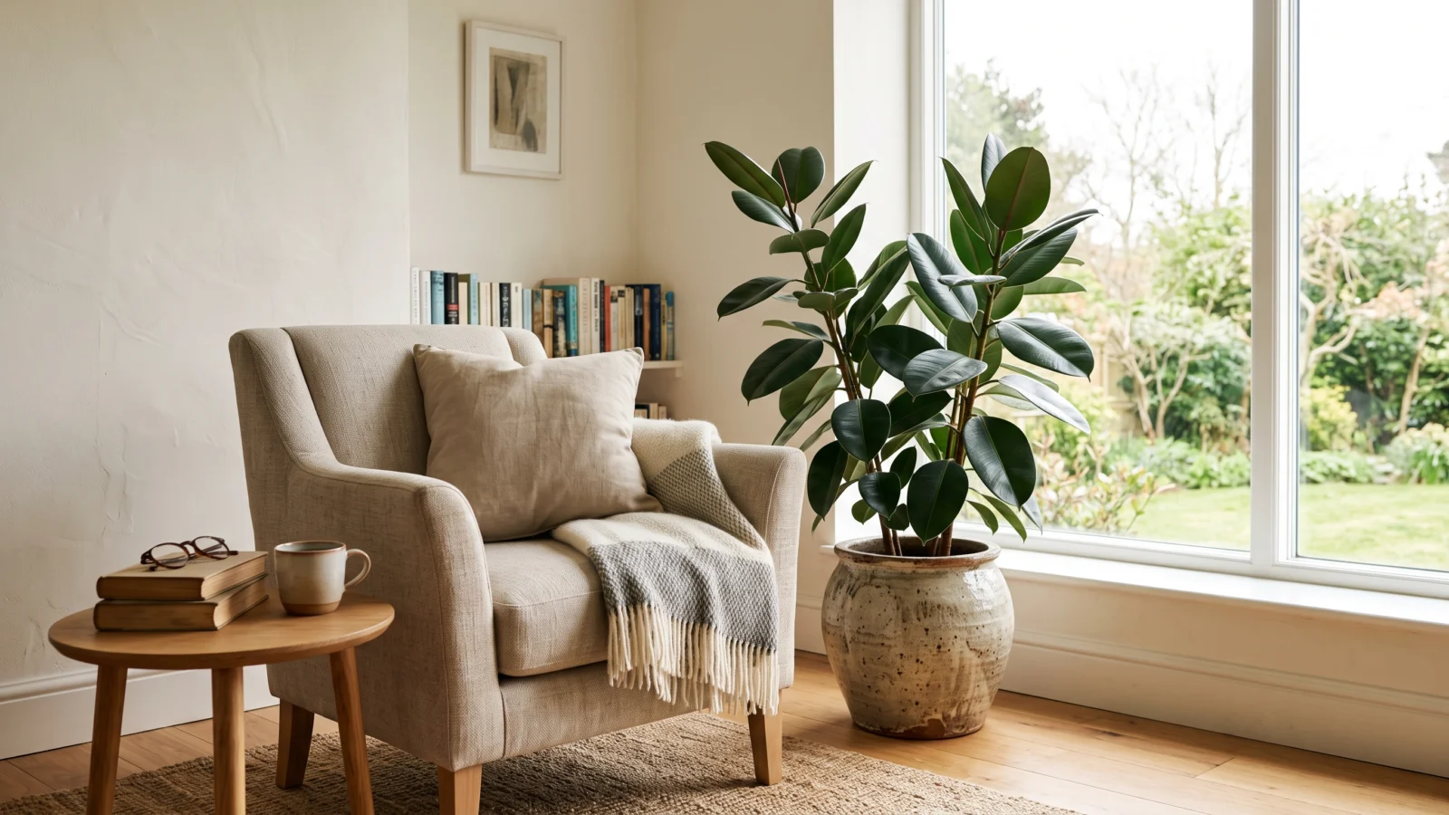 ficus elastica no canto da sala Ficus elastica em vaso ao lado de poltrona e janela