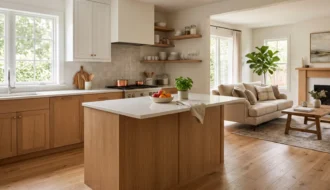 Cozinha integrada à sala com piso de madeira em tom natural