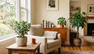 Sala com planta-jade, pilea e árvore-do-dinheiro em vasos