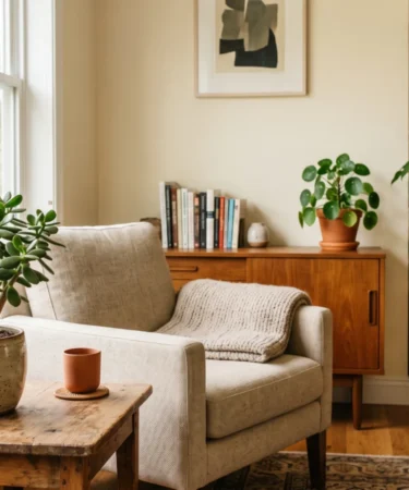 Sala com planta-jade, pilea e árvore-do-dinheiro em vasos