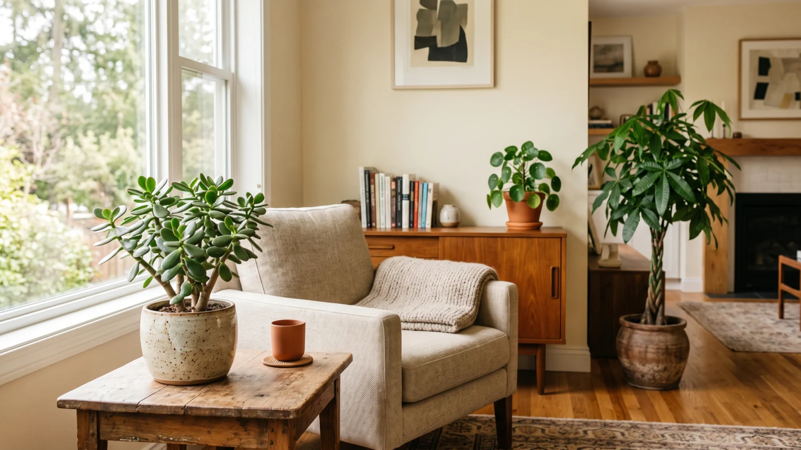 plantas associadas a prosperidade na sala Sala com planta-jade, pilea e árvore-do-dinheiro em vasos