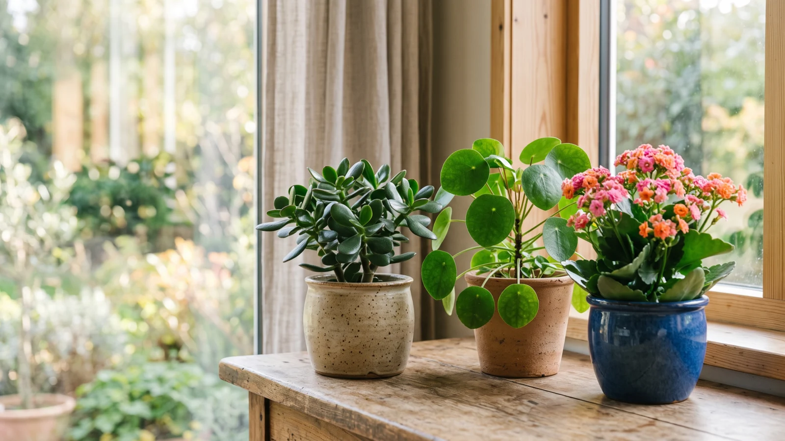 plantas compactas para a decoracao Planta-jade, pilea e flor-da-fortuna sobre bancada junto à janela