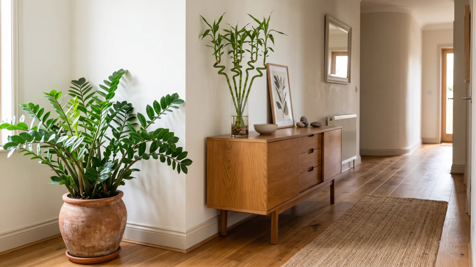 plantas no hall de entrada Zamioculca no chão e bambu-da-sorte sobre aparador em hall iluminado